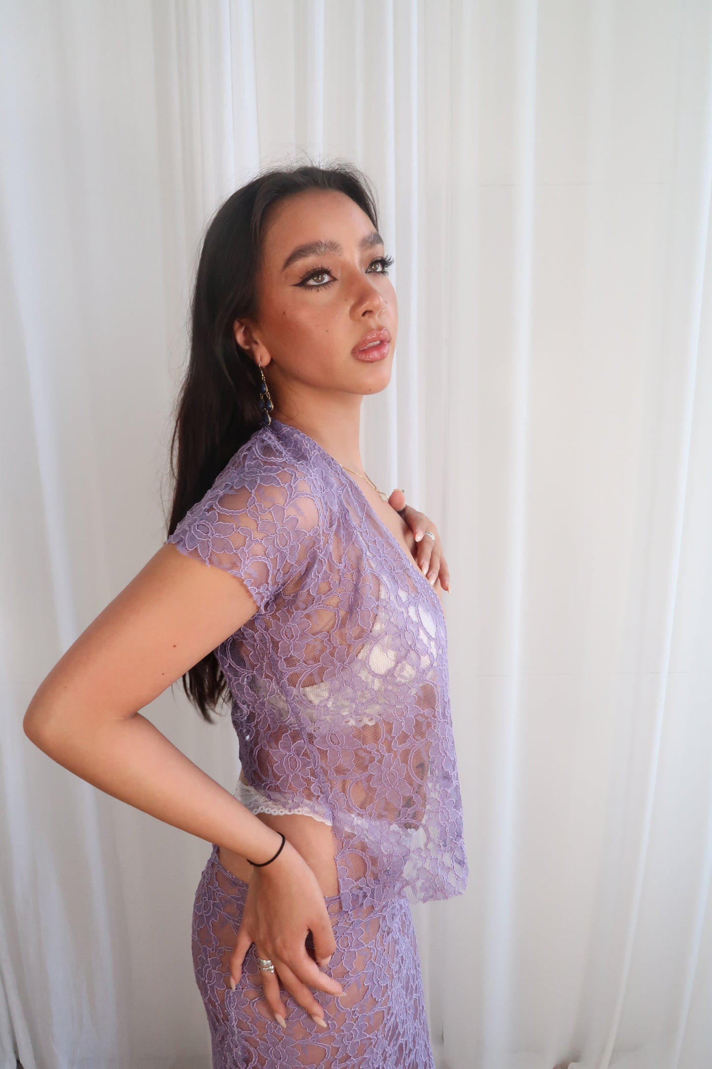 The Lilac Lace Cap Sleeve tie top